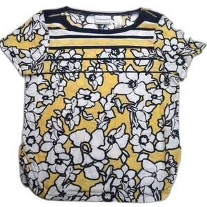 Alfred Dunner Short Sleeve Blouse Size PS Floral Yellow White Navy Stripes Ruche
